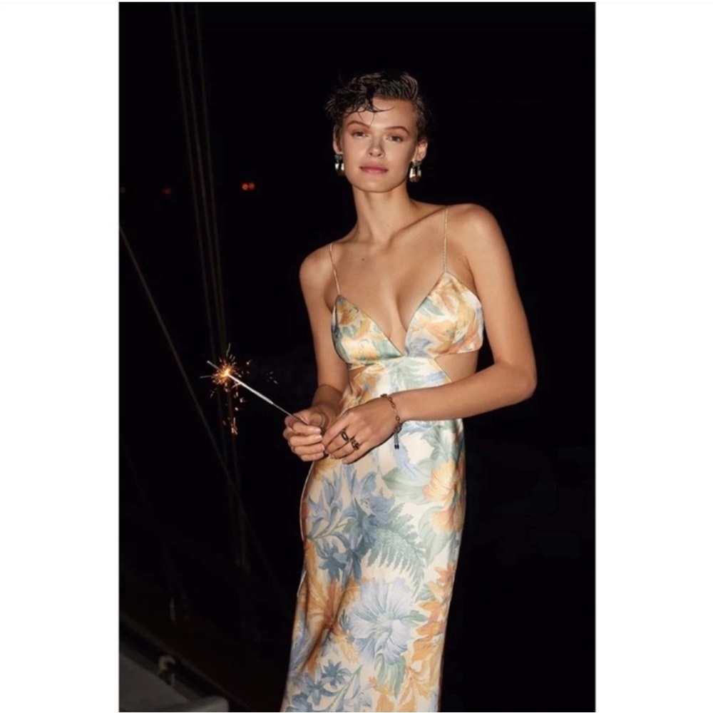 ANTHROPOLOGIE Floral Cutout Maxi Dress V-Neck Significant Other Blue Size 10